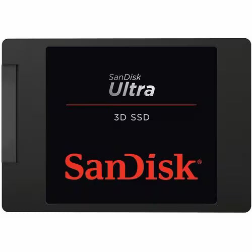Black SanDisk Ultra 3D 2.5-inch SATA SSD, front label view
