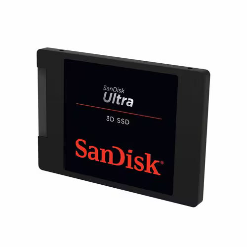 Black 2.5-inch SATA SSD with SanDisk Ultra 3D SSD label, angled view