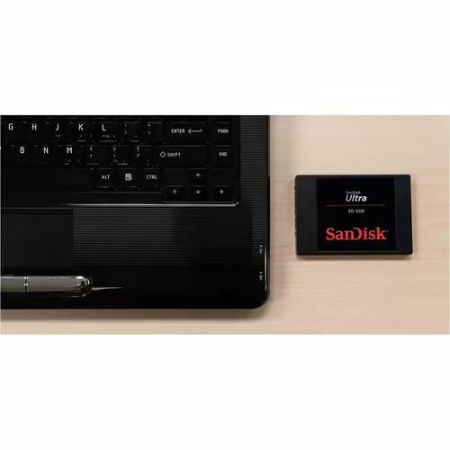 Black 2.5-inch SATA SSD with SanDisk Ultra 3D SSD label, front view