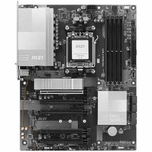 ATX motherboard with AM5 CPU socket, heatsinks, and DDR5 memory slots, front view