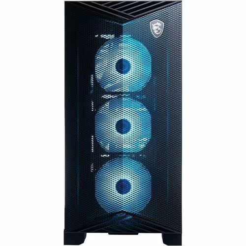 Gaming PC tower with three RGB blue fans visible through front mesh