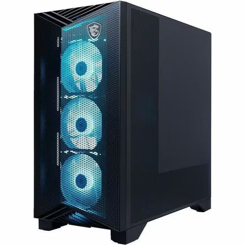 Black gaming desktop tower with blue RGB fans and ventilated top side panel