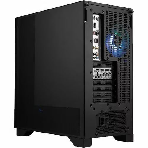 Black PC tower rear panel with ports and perforated metal ventilation
