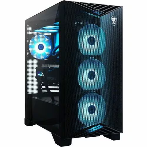 Black gaming desktop tower with three blue RGB cooling fans and mesh front panel