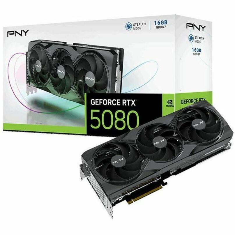 PNY GeForce RTX 5080 graphics card, triple black fans; retail box
