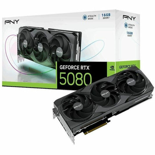 PNY GeForce RTX 5080 graphics card, triple black fans; retail box