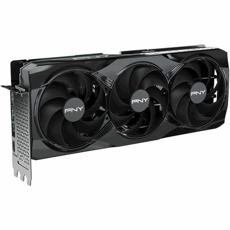 PNY GeForce RTX 5080 graphics card, side view with triple black fans
