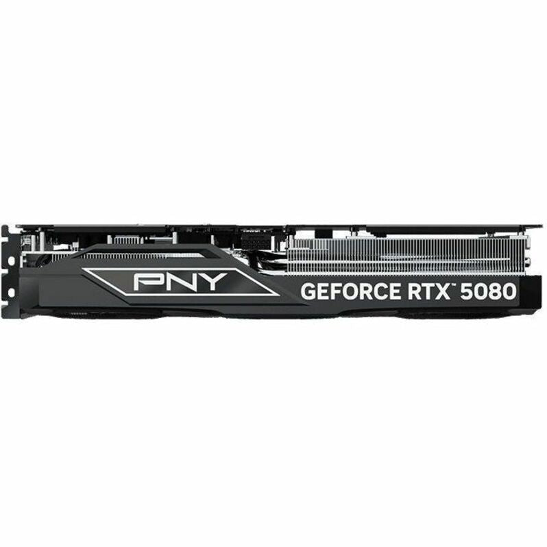 PNY GeForce RTX 5080 graphics card, reverse side with heatsink fins