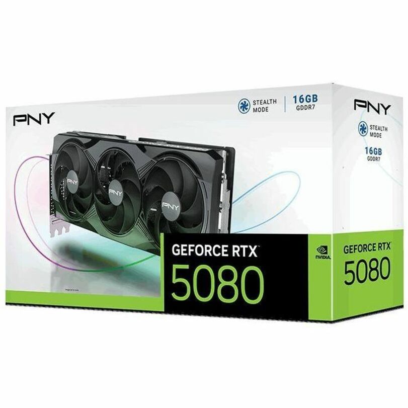 PNY GeForce RTX 5080 retail box showing 16GB GDDR7 and card artwork