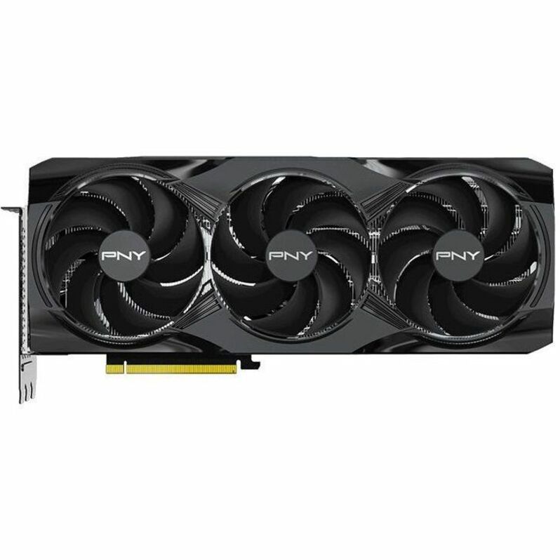 PNY GeForce RTX 5080 graphics card, front view of triple black fans