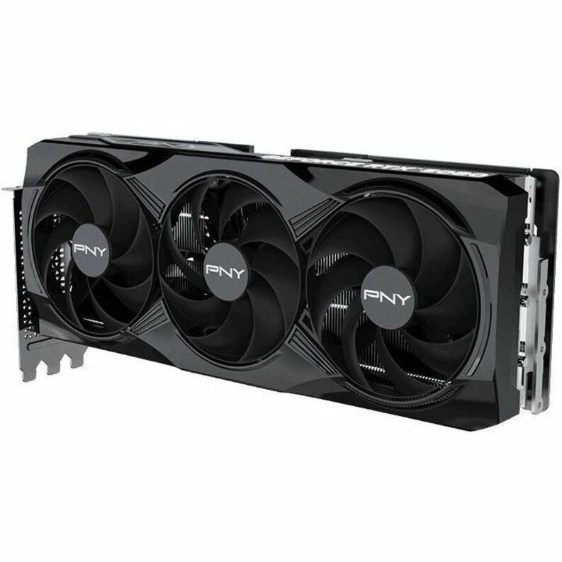 PNY GeForce RTX 5080 graphics card, angled view with triple black fans