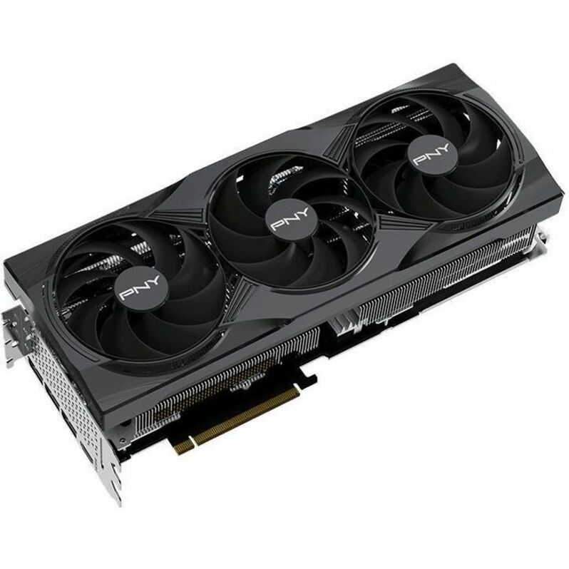 Black GeForce RTX 5090 graphics card with three cooling fans and finned heatsink