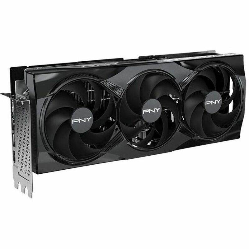 PNY RTX 5090 graphics card side view with triple fans and exposed bracket