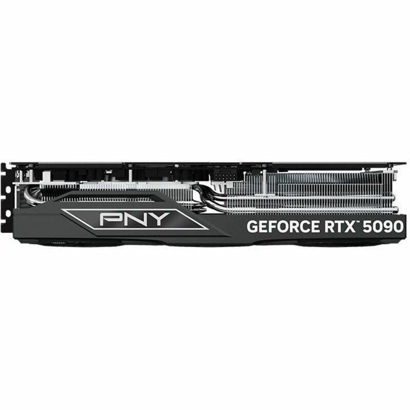 PNY RTX 5090 graphics card rear view with vented heatsink and GEFORCE RTX 5090