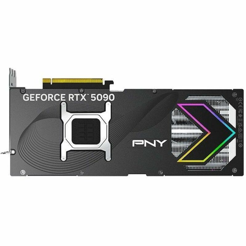 PNY RTX 5090 graphics card rear panel with RGB accent graphic and PNY logo