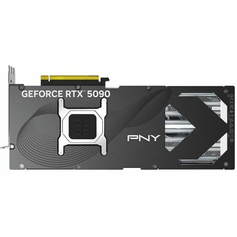 PNY RTX 5090 graphics card rear panel with PNY logo and geometric light accents
