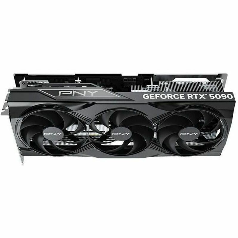 PNY RTX 5090 graphics card front with three fans and GEFORCE RTX 5090 label