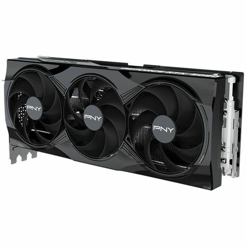 PNY RTX 5090 graphics card angled view showing three fan cooler and vents