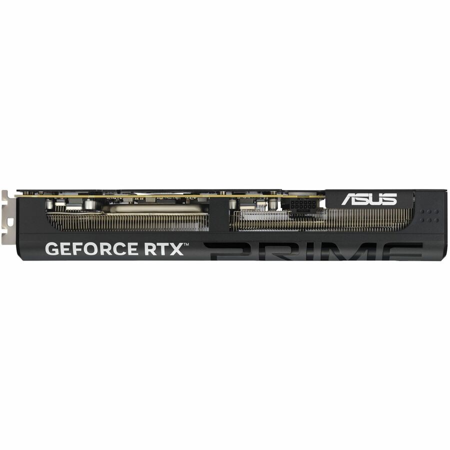 ASUS GeForce RTX graphics card side view showing PCIe bracket and card edge connectors