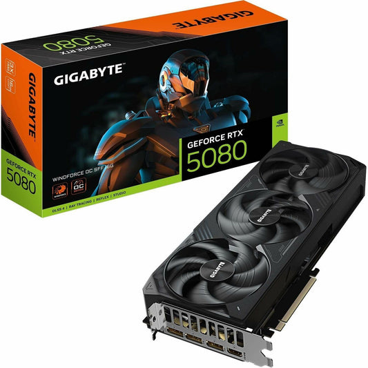 GeForce RTX 5080 graphics card retail box with triple-fan card shown