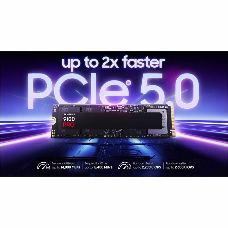 NVMe M.2 2280 SSD render with gold edge connector on PCIe 5.0 graphic
