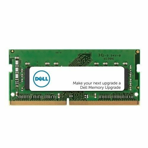 Laptop memory module with Dell logo, green PCB and gold edge contacts