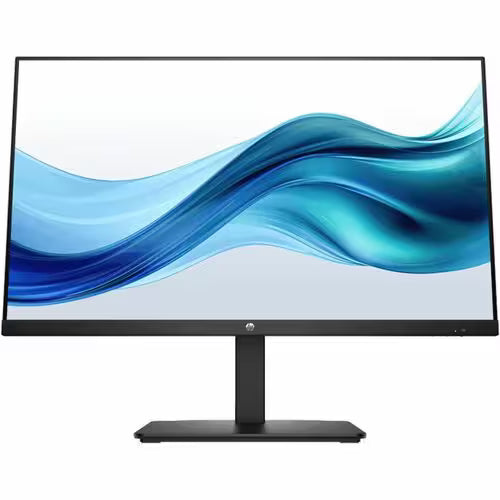 HP Series 3 Pro 27-inch FHD monitor, black stand, angled front view with blue waves