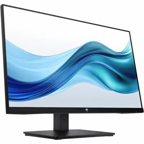 HP Series 3 Pro 27-inch FHD monitor, black stand, front view with blue wave screen