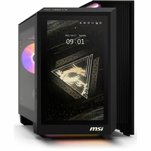 MSI MEG Vision X AI desktop tower with front glass panel and RGB lighting
