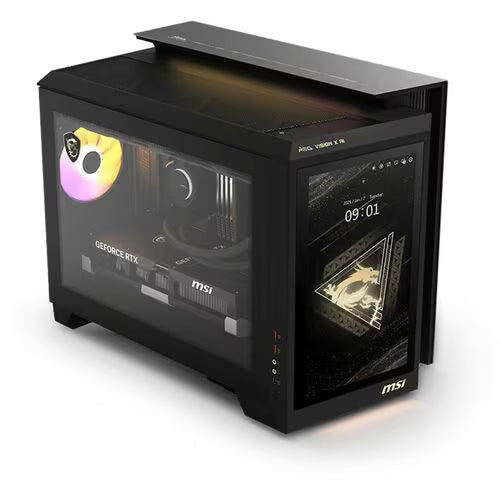MSI MEG Vision X AI desktop tower with glass front, RGB fan glow, and control ports