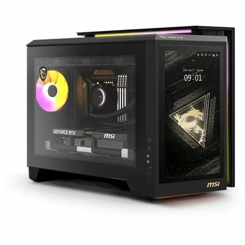 MSI MEG Vision X AI desktop tower with RGB fan, glass window, and 09:01 display