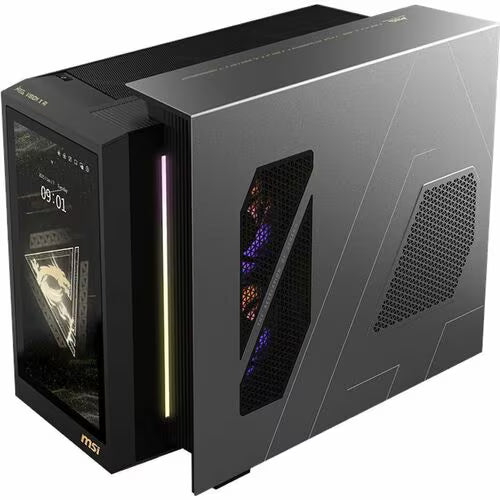 MSI MEG Vision X AI desktop tower with side mesh vents and RGB interior lighting