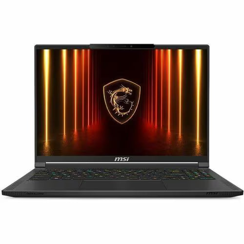 Gaming notebook with glowing red-orange screen, MSI emblem, and RGB keyboard