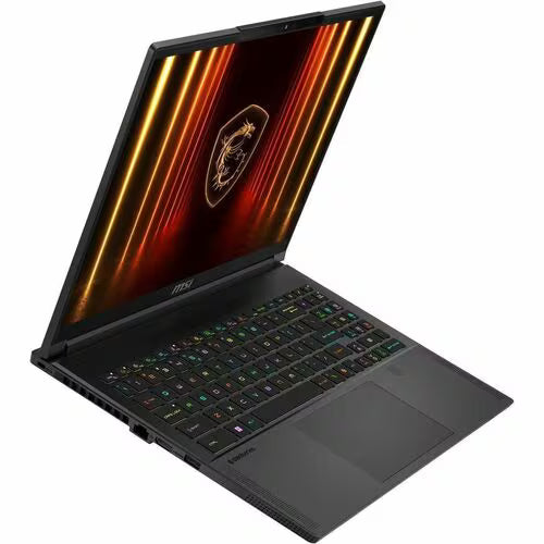 Gaming notebook open at an angle, red-gold striped lid and RGB backlit keys