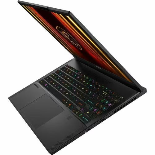 Gaming notebook open, dark body with rainbow-lit display stripes and backlit keyboard