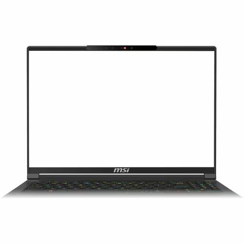 Gaming notebook front view with blank screen and MSI logo on bezel