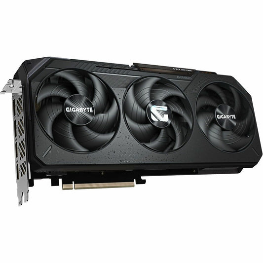 Black triple-fan graphics card with GIGABYTE branding and central fan hub