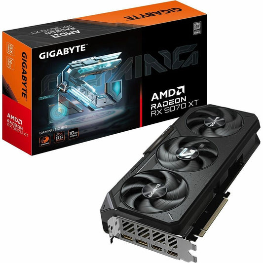 GIGABYTE Radeon RX 9070 XT box and black triple-fan graphics card