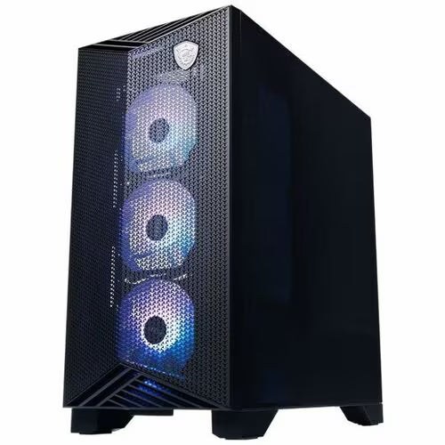 MSI gaming desktop tower with black mesh front and three blue RGB fan lights