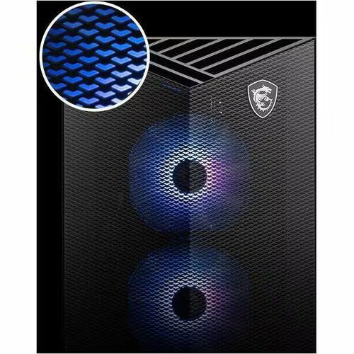 Gaming desktop tower front close-up: black mesh with blue RGB fan glow