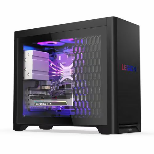 Black Legion gaming desktop with open side panel and purple RGB interior lighting