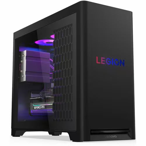 Black Legion gaming desktop with side open, purple RGB-lit components behind mesh