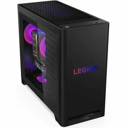 Lenovo Legion gaming desktop with tempered-glass side panel and RGB lighting