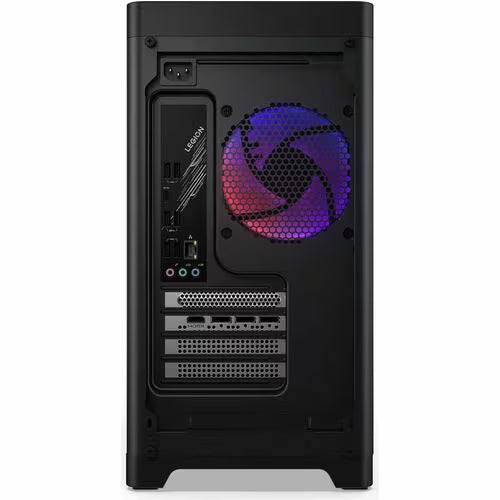Lenovo Legion gaming desktop rear view with port panel and RGB fan lighting