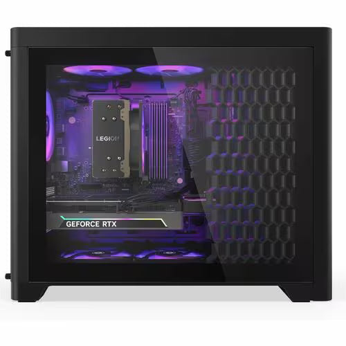 Lenovo Legion gaming desktop with open interior and GeForce RTX graphics label