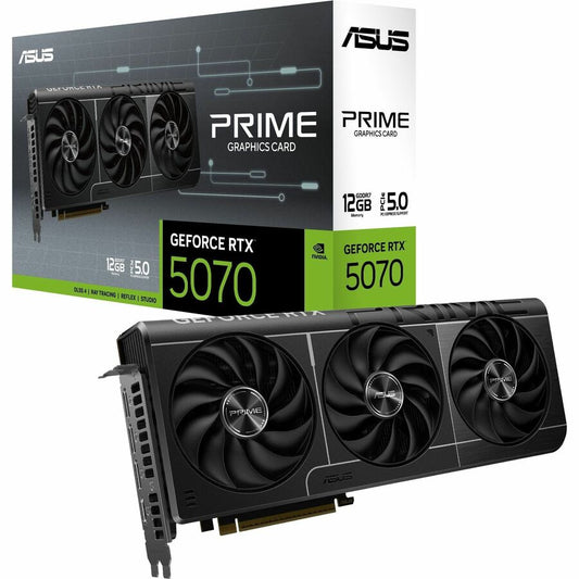 ASUS PRIME GeForce RTX 5070 graphics card with three black fan blades, SFF-ready design