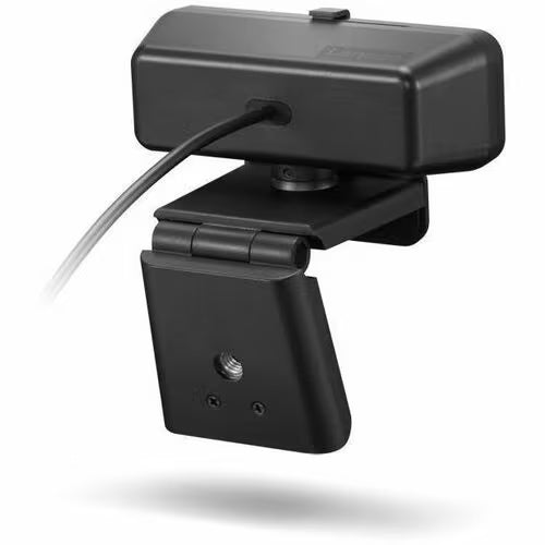 FHD webcam with status buttons and fold-out mounting base