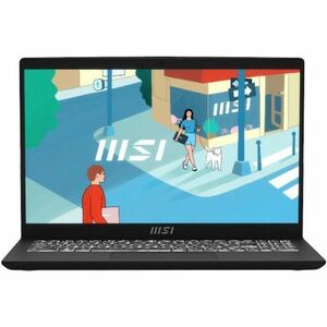 Black MSI laptop with keyboard and front display on