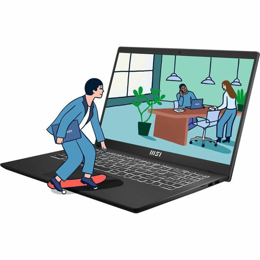 Black MSI laptop angled with screen showing an office scene