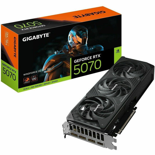 Graphics card with triple black fans and metal backplate, PCIe bracket ports visible